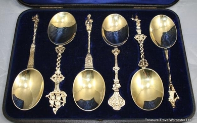 Cased Set of Six Silver Gilt Apostle Serving Spoons