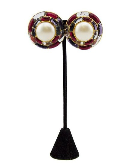Chanel 1994 Fall Poured Glass and Pearl Circle Earrings