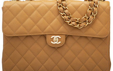 Chanel Vintage Beige Quilted Caviar Leather Jumbo Flap Bag...