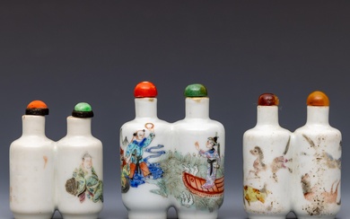 China, three famille rose porcelain 'double' snuff bottles and stoppers, late Qing dynasty (1644-1912)