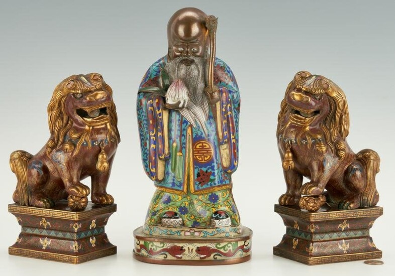 Chinese Cloisonne Immortal Figure & Temple Lions, 3