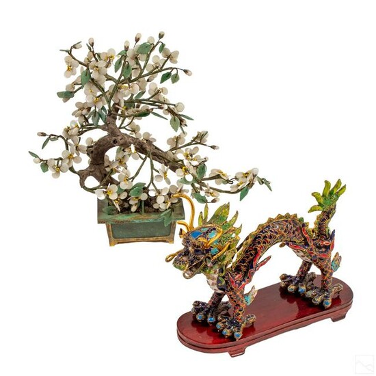 Chinese Export Cloisonne Dragon and Jade Tree LOT