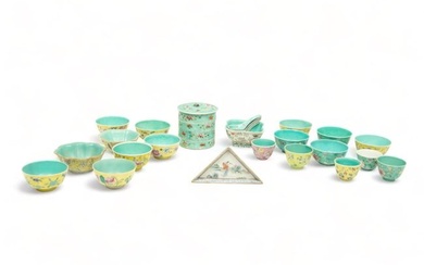 Chinese Famille Jaune Export Porcelain Rice Bowls, Teacups & Stacked Food Box, Ca. 1900, H 5" Dia.