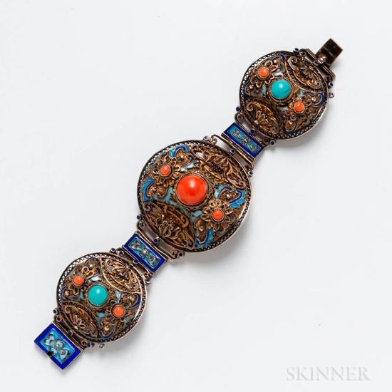 Chinese Gilt-silver Enamel, Turquoise, and Coral Bracelet