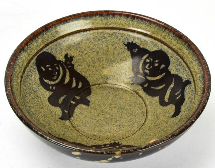 Chinese Glazed Pottery Bowl W Child Motif