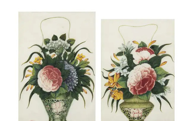 Chinese Guangdong (Canton) Export School, 19th century 'Baskets of flowers' Gouache on...