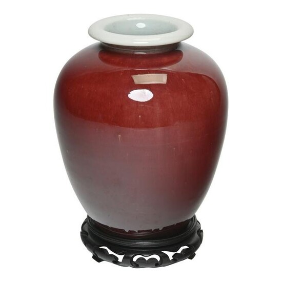 Chinese Oxblood Langyao Vase on Carved Wood Base