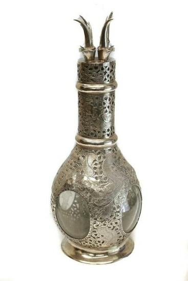 Chinese Silver Overlay & Glass Decanter, Dragons