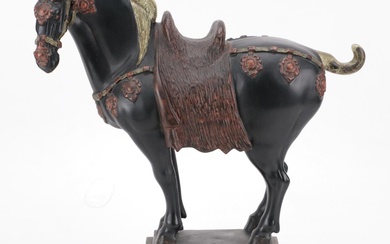 Chinese Tang Style Cast Resin Horse Figure on Ceramic Base