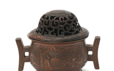 Chinese bronze censer, the sides with wise man in a garden in releif Marked Xuande, 19th century.