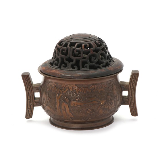 Chinese bronze censer, the sides with wise man in a garden in releif Marked Xuande, 19th century.