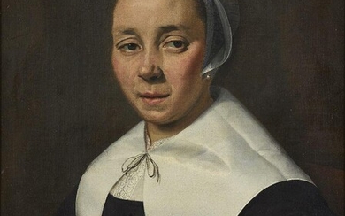 Circle of Frans Hals, Dutch 1582/3-1666; Portrait of a young woman, seated quarter-length, turned to the left in a black dress with white collar and cap; oil on panel, bears initial 'H' (upper right), 57 x 46 cm. Provenance: Sir J. B. Robinson...