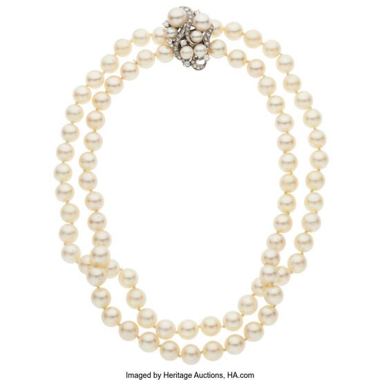 Cultured Pearl, Diamond, White Gold Necklace Pearls: Cultured pearls...