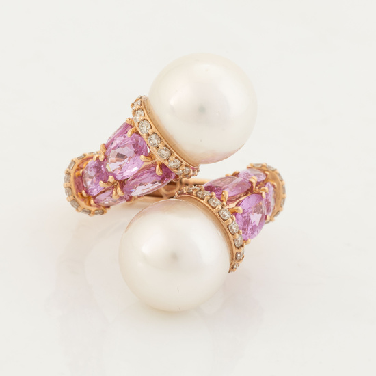 Cultured pearl, pink sapphire and brilliant cut diamond cross over ring