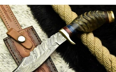 Custom Made Damascus Steel Ram Horn Hunting Knife