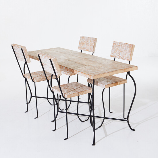 DESIGNERS GUILD, table, chairs, 4 pcs, white-glazed wooden frame in black lacquered wrought iron, seat height 51, table dimensions height 74, 160x60 cm.
