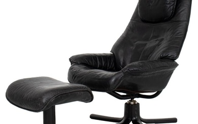 Danish Modern Black Leather Lounge Chair & Ottoman