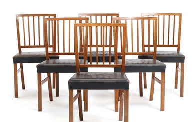 Danish cabinetmaker: A set of six solid walnut chairs, seat opholstered with original black patinated leather. 1940s. H. 86 cm. Seat H. 44 cm. (6)