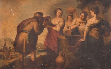 D'après Bartolome Esteban Murillo (1617-1682) Espagnol. "Rebecca et Eliezer au puits", Huile sur toile, 21...