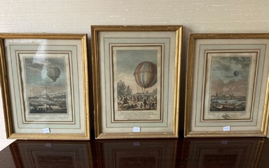 D'après Charles de Lorimier et divers Les voyages aériens en ballon Gravures en couleurs (trois)...