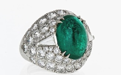David Webb Cabochon Platinum Green Emerald And Diamond Bombe Ring