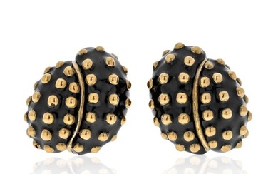 David Webb Platinum & 18K Yellow Gold Black Enamel Gold Studded Clip Earrings