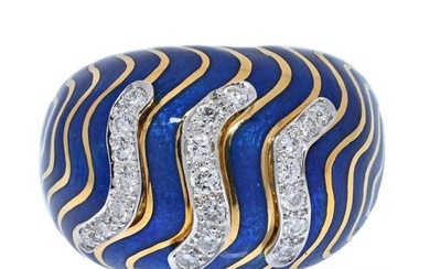 David Webb Platinum & 18K Yellow Gold Blue Enamel Bombe Diamond Ring