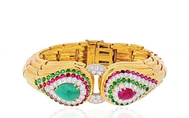 David Webb Platinum & 18K Yellow Gold Raja Tears Green Emeralds Rubies Diamonds Bracelet