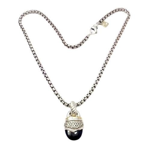 David Yurman 18k Yellow Gold + Silver Onyx Diamond Acorn Pendant Chain Necklace