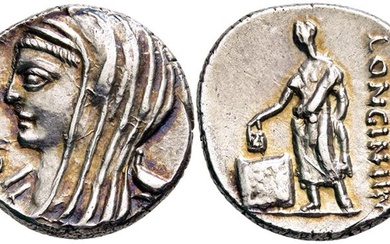 Denar. 63 v. Chr. Vestakopf l. mit Schleier und Diadem....