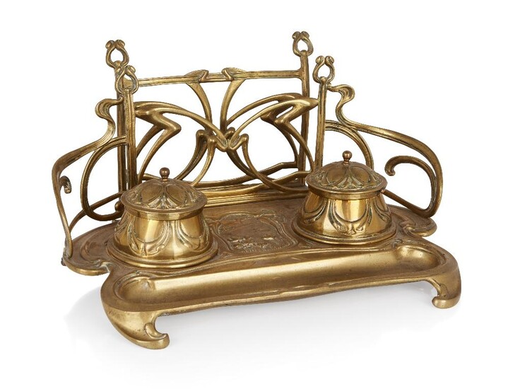 Designer Unknown, Art Nouveau duck pond and tulip decoration desk set with double inkwells and letter rack, circa 1900, Brass, glass lined inkwells, Unmarked, 16cm high, 30cm wide