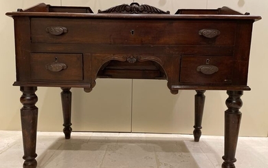 Desk, Wooden desk with turned legs and carved details