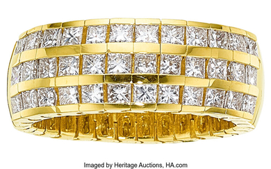 Diamond, Gold Ring The flexible ring features square-cut diamonds...