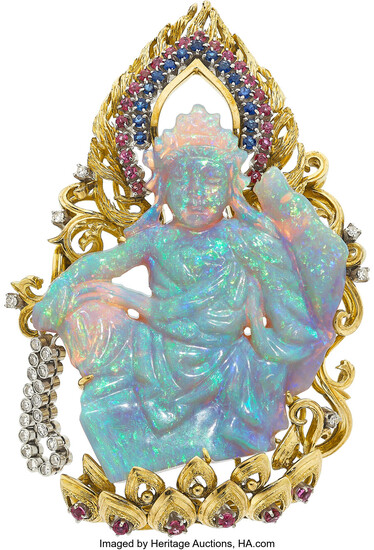 Diamond, Multi-Stone, Platinum, Gold Pendant-Brooch Stones: Carved opal; single-cut...