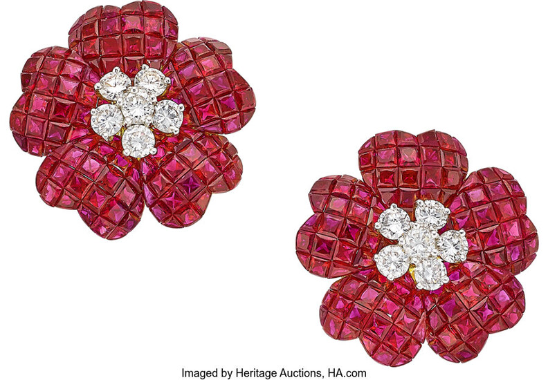 Diamond, Ruby, Gold Earrings Stones: Calibré-cut rubies; full-cut diamonds...