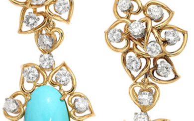 Diamond, Turquoise, Platinum, Gold Earrings Stones: Full-cut diamonds weighing...