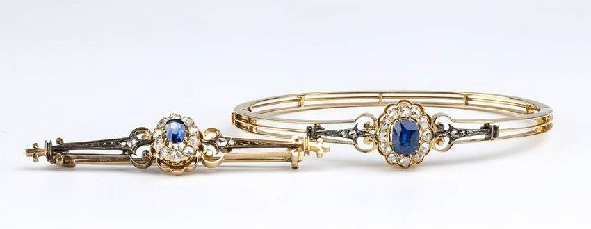 Diamonds and sapphires gold silver bracelet and brooch - late 19th century