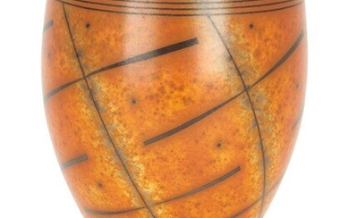 Duncan Ross, b.1943, a thrown and burnished earthenware vase, c.1997, smoke-fired and burnished terra sigillata orange slips with black linear designs, incised DR monogram to base, 22cm high ARR Provenance: Bonhams, London, 13 May 2003, lot 226.