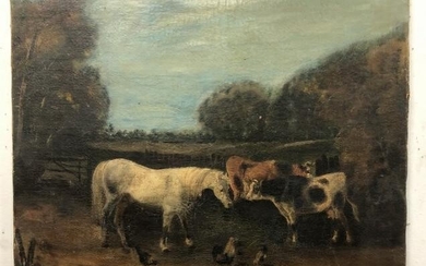 EARLY ESTATE O/C LANDSCAPE WITH HORSE, COWS & CHICKENS