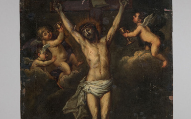 ECOLE FLAMANDE du XVIIème siècle. Anges encadrant le Christ. Huile sur cuivre. 25 x 18 cm. Petits manques.