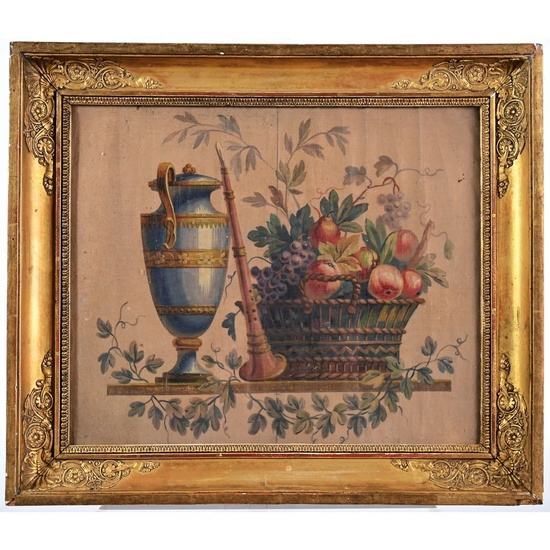 ÉCOLE FRANCAISE du XIXè. « Vase à l’Antique et corbeille de fruits ». Aquarelle et...