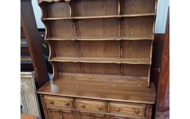 ERCOL ELM DRESSER WITH SHELF BACK OVER BASE OF 3 DRAWERS OVE...