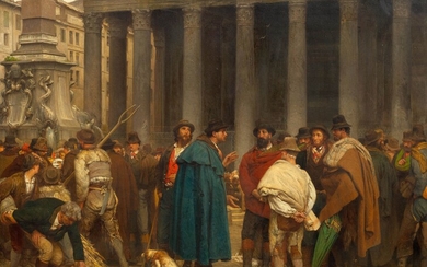ERNEST VAN DEN KERCKHOVE(Bruxelles 1840-1879 Schaerbeek)Rencontre devant le Panthéon à Rome. 1871.Huile sur bois. Signé,...