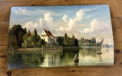 Early 19th c o/wood panel landscape with water with sailboats in foreground and houses in