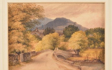 Early 19th century British school watercolor landscape painting. Figures on a bridge with a house in