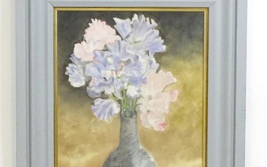 Early 21st century, Pastels, A still life study with pink and purple sweet pea flowers in a vase