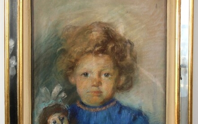 *Ecole moderne Portrait d'une jeune fille et sa poupée Pastel signée en bas à droite, daté 1904 44,5 x 32,5 cm.