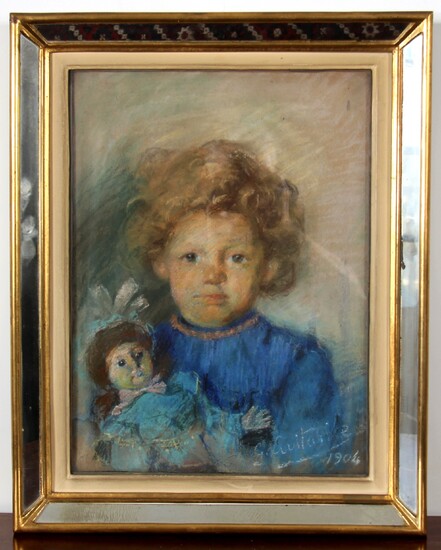 *Ecole moderne Portrait d'une jeune fille et sa poupée Pastel signée en bas à droite, daté 1904 44,5 x 32,5 cm.
