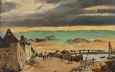 Edmond CERIA (1884-1955) "Port animé au soleil couchant", Huile sur toile signée en bas à...