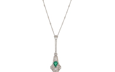 Edwardian Platinum, Colombian Emerald, Diamond, and Natural Pearl Sautoir